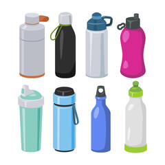 Set of gym bottle set collection for water dehydration. Reusable plastic and metal shakers flasks with lid. Sport training fitness accessories, drinking water portable. Flat vector illustration