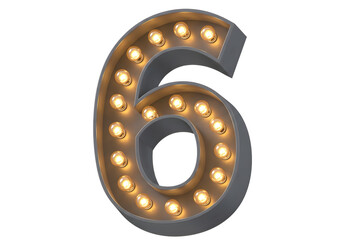 Vintage marquee light up number six isolated on transparent background