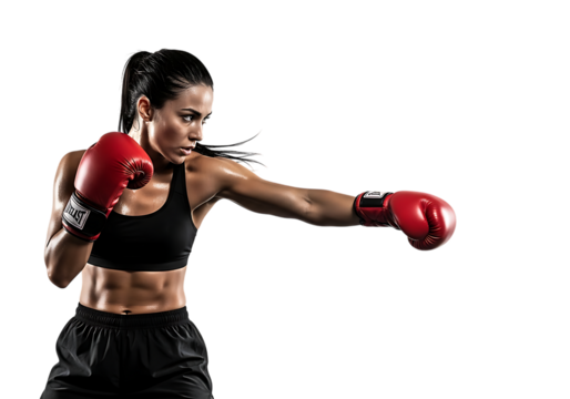 Strong Female Boxer in Action with Red Gloves on Black Background