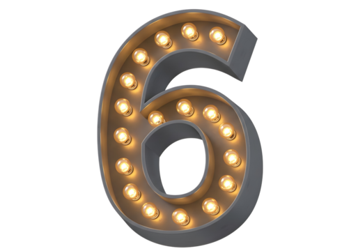 Vintage marquee light up number six isolated on transparent background