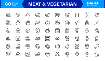 Meat And Vegetarian Food Line Icon Set – Professional, Minimal, Modern, and Editable Collection of Pixel-Perfect Outline Icons for Healthy Lifestyle Designs