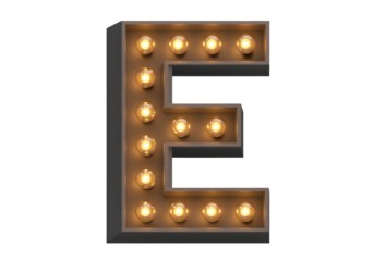 Vintage marquee letter e with illuminated bulbs isolated on transparent background