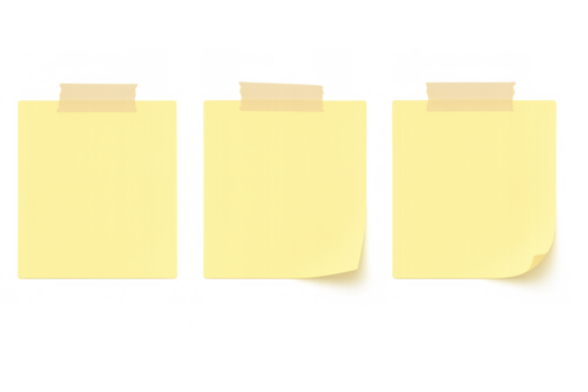Yellow sticky notes taped on transparent background creating temporary reminders and messages