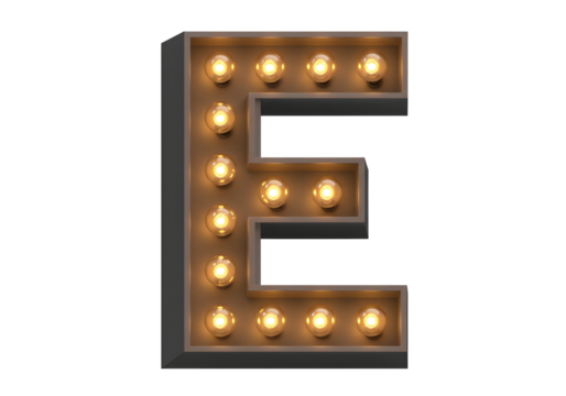 Vintage marquee letter e with illuminated bulbs isolated on transparent background