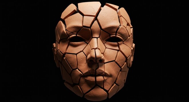 Cracked clay face on black background expressing sadness and stress