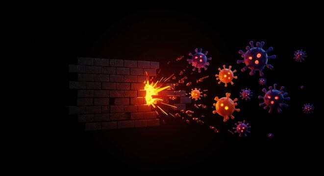 Virus particles breaking through a brick wall on a black background