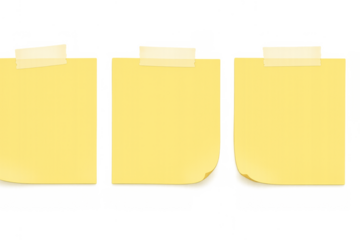 Yellow sticky blank note paper with tape, task reminder message, memo blank template on transparent background