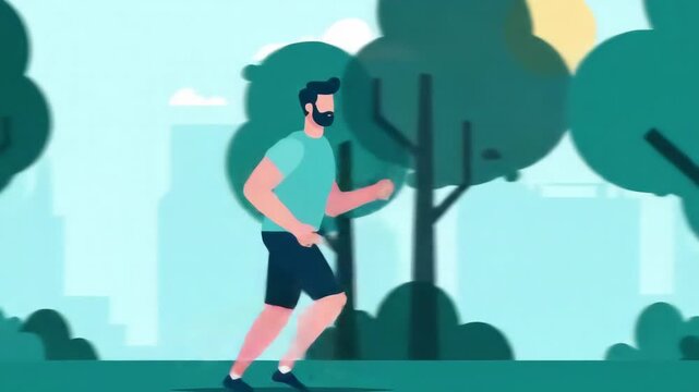 Vector illustration of a young bearded man running in a city park. A concept for an active and healthy lifestyle, outdoor exercise, and fitness