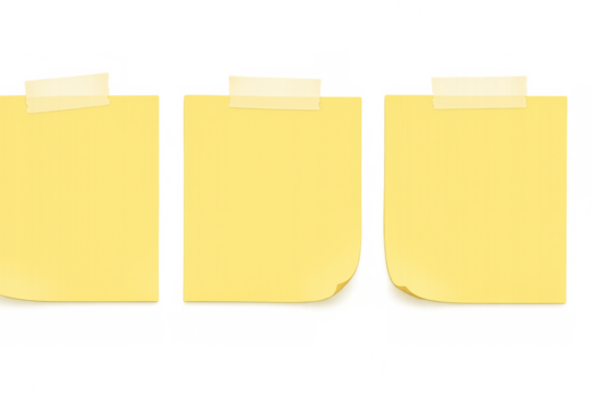 Yellow sticky blank note paper with tape, task reminder message, memo blank template on transparent background
