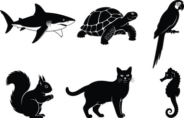 Animal silhouette set, black wildlife icons, marine bird mammal shapes, vector animal graphics, nature creatures, stock illustration, isolated animals