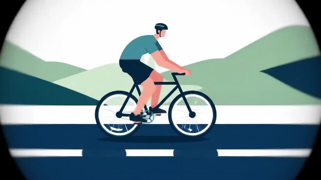 Man in a helmet cycling on a road through a scenic mountain landscape, a flat vector illustration of an active lifestyle and outdoor sport