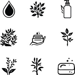 Collection of black and white icons representing natural beauty and skincare products elements