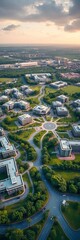 Fototapeta premium Aerial view of a sprawling corporate campus with lush green landscaping and contemporary architecture, park, aerial