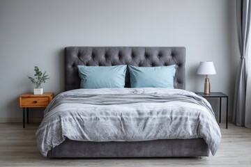 Neutral toned bedroom with a plush grey tufted headboard and soft blue pillows.