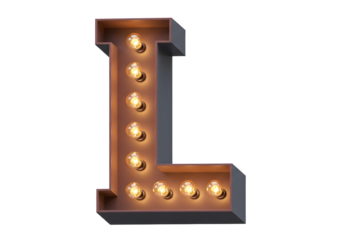 Vintage marquee letter l with illuminated bulbs isolated on transparent background