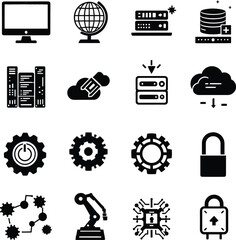 Collection of technology and industry icons in black and white simple vector illustration style