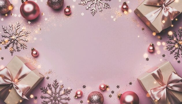 Glamorous pink Christmas flatlay with glitter ornaments and gift boxes on soft pastel background
