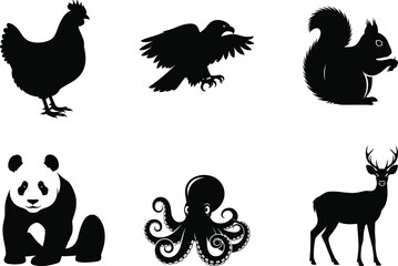 Animal silhouette set, chicken, bird, squirrel, panda, octopus, deer, wildlife vector icons, black shapes, nature clipart, isolated