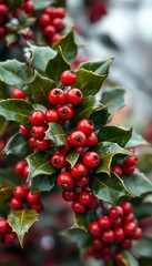 Fototapeta premium Glossy red holly berries cluster on a green leafy branch, winter's festive bounty , organic, festive