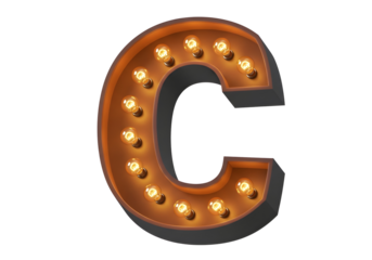 Retro illuminated letter c with warm glowing bulbs isolated on transparent background