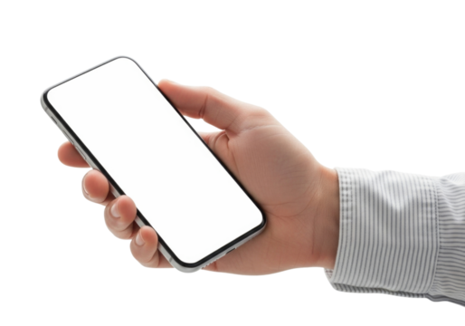 Hand holding a smartphone transparent background cutout png