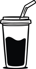 A black and white illustration of a beverage in a cup with a straw on a white background image view