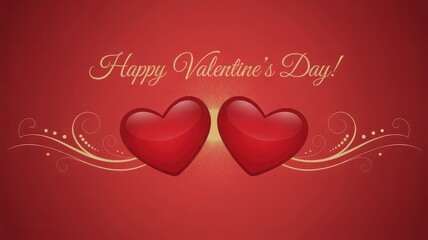 Happy valentines day greeting card with two red hearts and ornaments