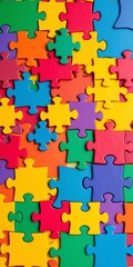 Naklejka premium Grid of interlocking puzzle shapes in vibrant colors, representing problem-solving and complex systems, complex, colors