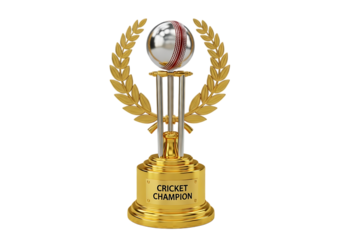 Golden cricket champion trophy with ball laurel wreath isolated on black