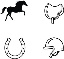 Depiction of horse saddle horseshoe and helmet in black and white vector illustration style drawing