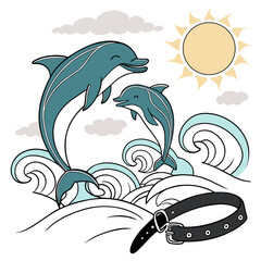 Dolphins jumping with a dog collar