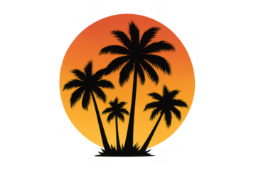 Palm trees dark silhouette over sunset background, tropical island vector graphic, summer vacation concept with transparent background