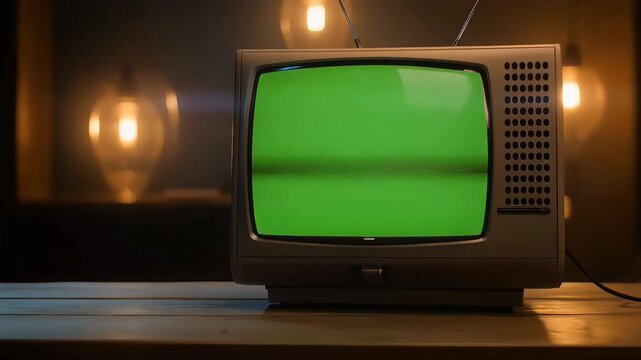 Retro television with a vibrant green screen sits on a wooden table, illuminated by soft ambient lighting