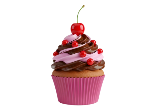 Delicious cupcake with pink frosting and cherry isolated on transparent background - Powered by Adobe