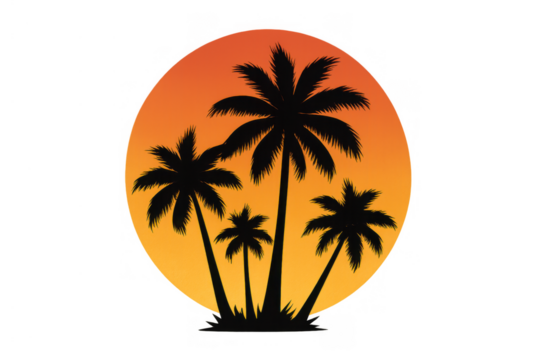 Palm trees dark silhouette over sunset background, tropical island vector graphic, summer vacation concept with transparent background