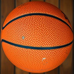 Fototapeta premium overhead view of a weathered basketball showing its dimpled orange peel texture and dark seams, leather, grip