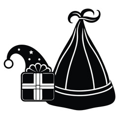 Festive holiday season silhouette with gift box Santa hat and bag full of presents