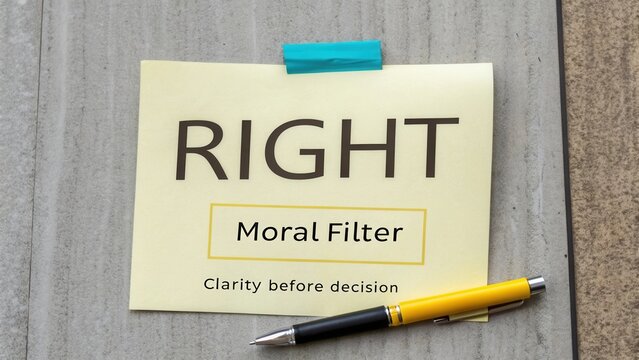 Note reminder for decision making with a moral filter emphasizing clarity before action in a contemporary workspace environment