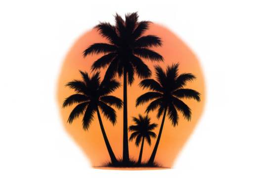 Palm trees silhouette against orange sunset circle, tropical island evening, summer vacation graphics