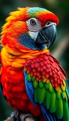 Fototapeta premium A colorful parrot with vibrant feathers, perched on a branch, looking alert and intelligent, ready to speak, talking, perched