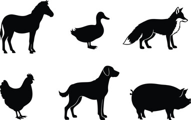 Animal silhouette set, horse, duck, fox, chicken, dog, pig, vector illustration, wildlife icons, black and white, minimal design