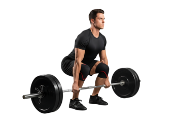 Male athlete performing deadlift weight training exercise with barbell in studio