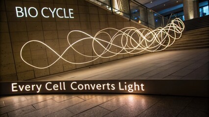 Modern architectural design featuring glowing lines and a bright sign illustrating the concept of light conversion in cells