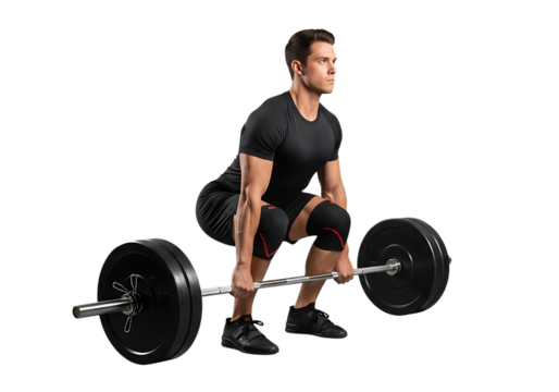 Male athlete performing deadlift weight training exercise with barbell in studio