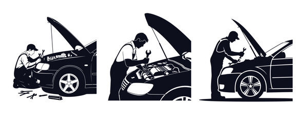 Set three silhouette illustrations depicting mechanic working on car engine, showing different poses and actions involved in auto repair and maintenance