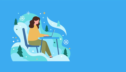 Fototapeta premium Remote worker typing on a laptop in a stylized winter landscape Cozy work technology and holidays