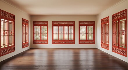 Empty square room with ​Red window Chinese Styles on wall