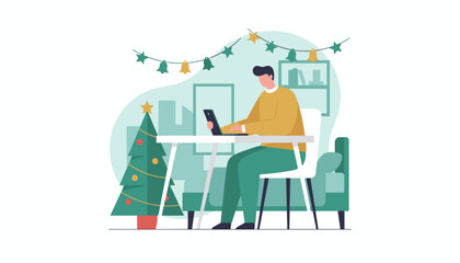 Remote worker uses a laptop in a festive office setting with a Christmas tree