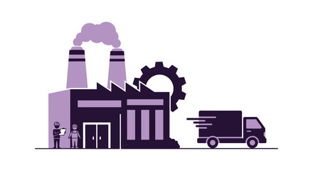 Industrial factory production logistics and supply chain management illustration with workers and delivery truck