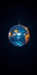 A single, radiant disco ball suspended in a darkened space, its facets catching and amplifying light, light, retro
